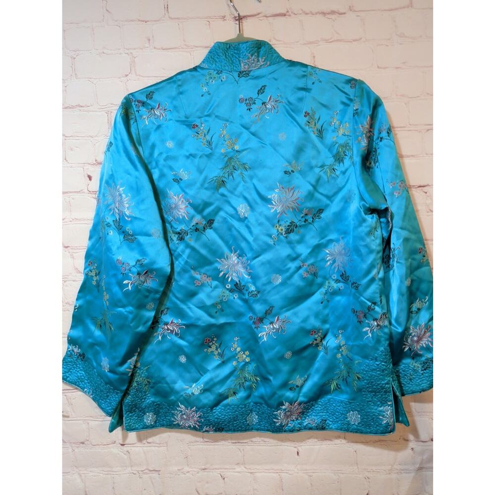 Peony Brand Turquoise Quilted Chinese Jacket Frog Closures Floral Brocade Sz M - Picture 10 of 14